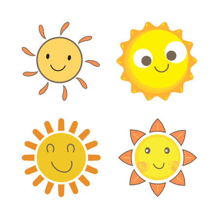 Sun sticker with a round shape and yellow, orange color. Cute sun with smiling face. Orange color sunray coming out from sun vector design. Sun vector social media sticker collection.のイラスト素材