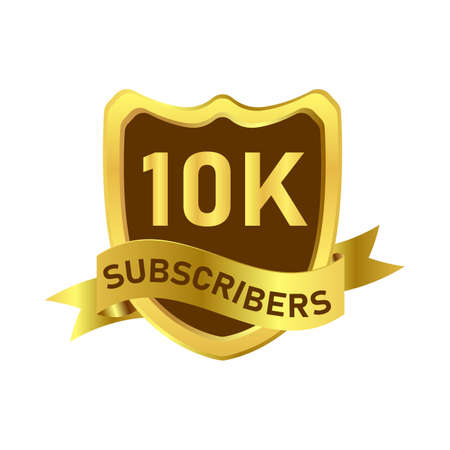 Social media subscriber badge design with golden gradient color. Subscriber royal luxurious badge design with a shield shape. Golden and dark badge design with ribbon vector illustration.のイラスト素材