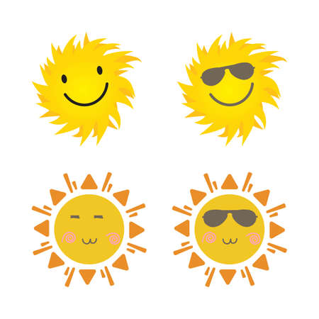 Cute sun with smiling face and cool sunglasses. Sun sticker with a round shape and yellow color. Sunray coming out from sun vector design. Sun vector social media sticker collection.のイラスト素材