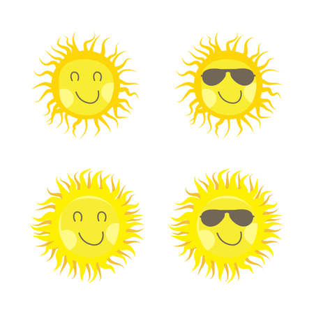 Sun sticker with a round shape and yellow color. Cute sun with smiling face and cool sunglasses. Sunray coming out from sun vector design for social media. Sun vector social media sticker collection.のイラスト素材