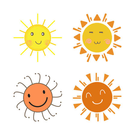 Sun sticker with a round shape and yellow and red color. Sun with a smiling face and cool sunglasses. Sunray coming out from sun vector design. Sun vector social media sticker collection.のイラスト素材