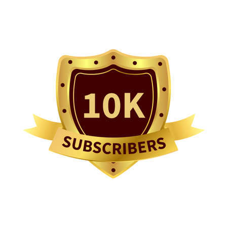 Subscriber royal badge design with a shield shape. Social media subscriber badge design with golden gradient color.  Golden and dark badge design with ribbon vector illustration.のイラスト素材