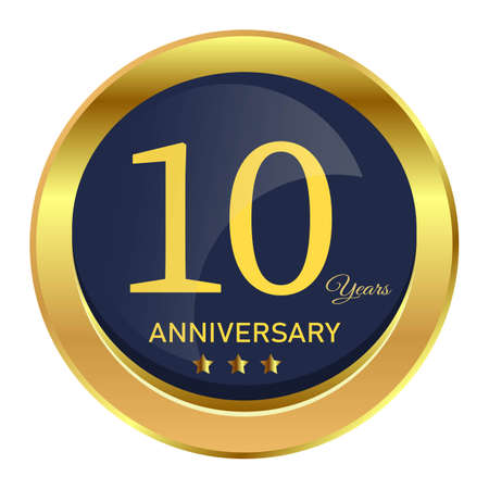 Luxurious 10-year anniversary badge design with golden gradient color. Anniversary royal badge design with a shield shape. Golden and Black badge design with ribbon vector illustration.のイラスト素材
