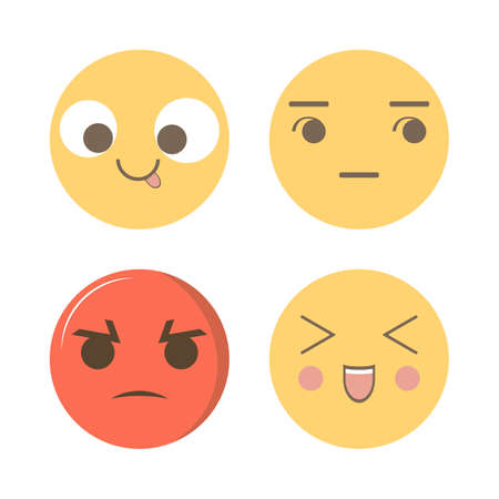 Social media emoji design with angry, smile, silly and annoyed face. Round social media emoji design with different moods. Yellow and red color-faced emoji collection.のイラスト素材