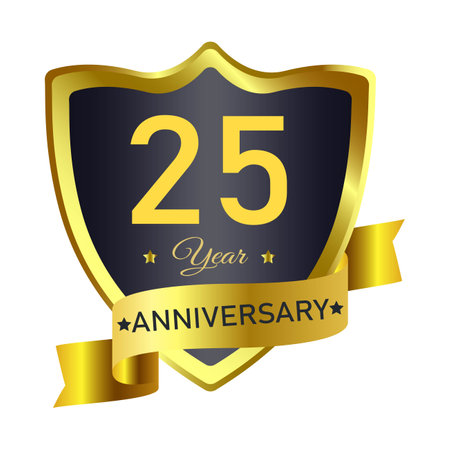 25 years anniversary badge design with golden gradient color. Anniversary royal badge design with a shield shape. Golden and Black badge design with ribbon vector illustration.のイラスト素材