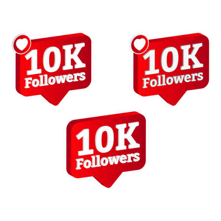 3D, 10K follower celebration badge collection. Thanksgiving for 10K followers vector illustration. 3D Red color 10K follower badge celebration with love shape.のイラスト素材