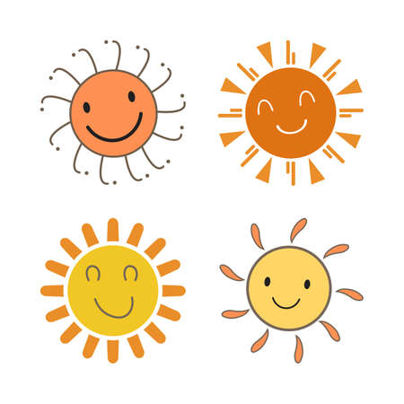 Sun sticker with a round shape and red, orange color. Cute sun with smiling face and cool sunglasses. Sunray coming out from sun vector design. Sun vector social media sticker collection.のイラスト素材