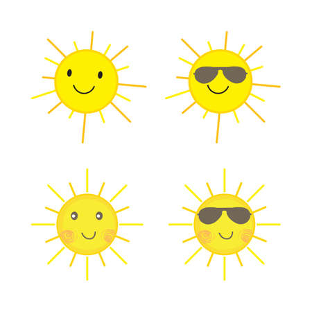 Sun sticker with a round shape and hot yellow color. Cute sun with smiling face and cool sunglasses. Sunray coming out from sun vector design. Sun vector social media sticker collection.のイラスト素材