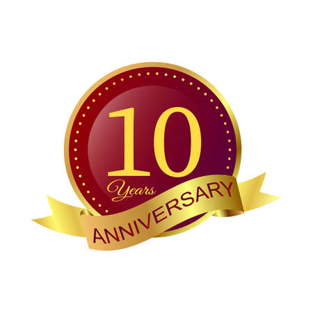 Anniversary badge design with golden gradient color. Anniversary royal badge design with a shield shape. Golden and maroon badge design with ribbon vector illustration.のイラスト素材