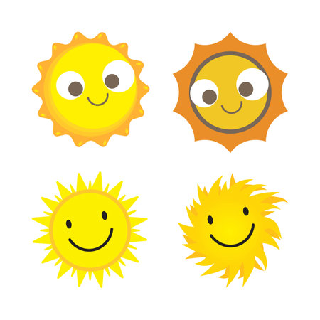 Sun sticker with a round shape and yellow color. Cute sun with smiling face and beautiful eyes. Sunray coming out from sun vector design. Sun vector social media sticker collection.のイラスト素材
