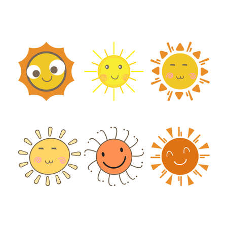 Sun sticker with a round shape and yellow and red color. Cute sun with smiling face and cool eyes. Sunray coming out from sun vector design. 6 Sun vector social media sticker collection.のイラスト素材