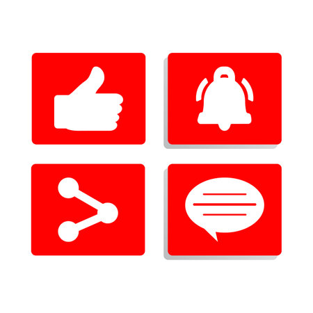 Button collection for social media vector design. Red and white color button inside square shape collection. Social media button elements with like, share, and comment sections.のイラスト素材