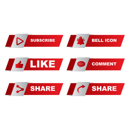Subscribe button collection with multiple shapes. Red and white metallic color button collection with like, comment, and share icon. Metallic red and white color social media button collection.のイラスト素材
