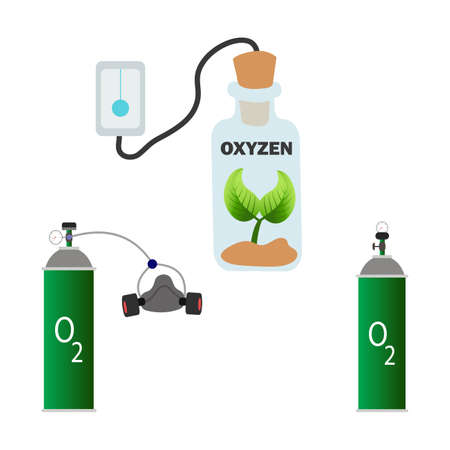 Oxygen cylinder collection for medical websites vector design. Gas tank with mask collection design. Medical equipment tank collection for pandemic purposes.のイラスト素材