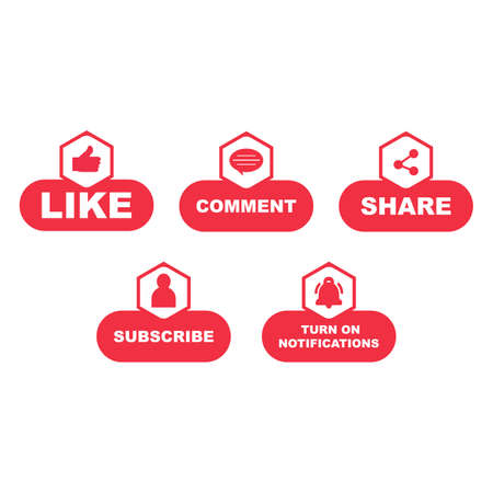 Subscriber button collection with multiple shapes. Red color button collection with like, comment, and share icon. Red color simple social media button collection.のイラスト素材