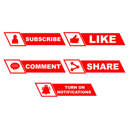 Subscribe button stylish collection with multiple shapes. Red color button collection with like, comment, and share icon. Metallic red color social media button collection.のイラスト素材