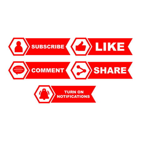 Subscriber button collection with multiple ribbon shapes. Red color button collection with like, comment and share icon. Simple red color social media button collection.のイラスト素材