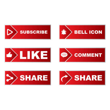 Subscribe button collection with multiple square shapes. Red color button collection with like, comment and share icon. Metallic red color social media button collection.のイラスト素材
