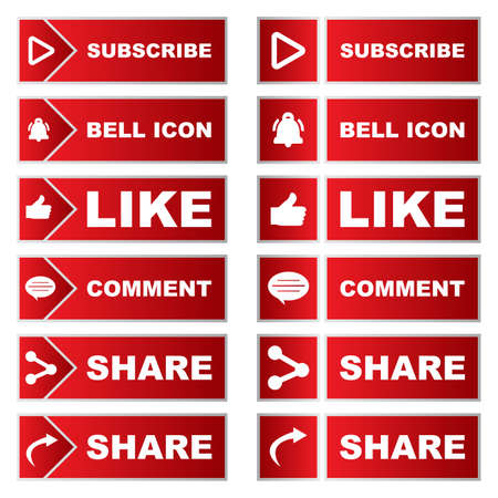 Subscribe button collection with multiple shape. Red color button collection with like, comment and share icon. Metallic red color social media button collection.のイラスト素材