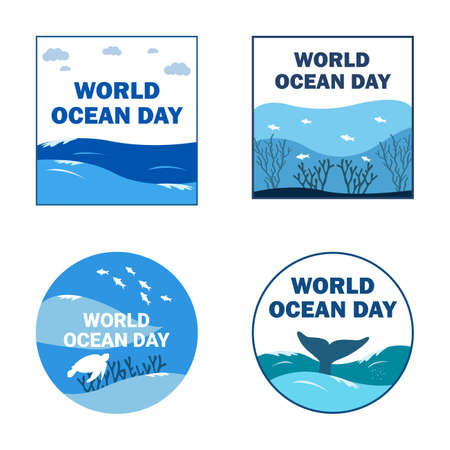 World ocean day vector design collection. Design for ocean day celebration with blue color shade. Beautiful design collection with sea creatures and blue water.のイラスト素材