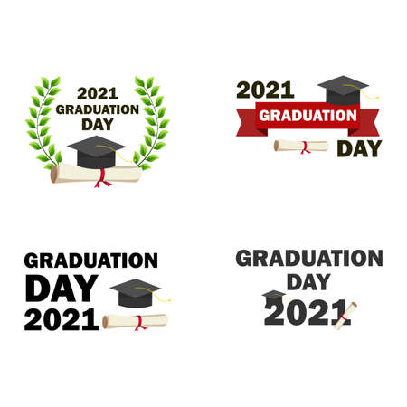 Graduation day celebration with graduate hat vector collection. Special graduation day vector. Scholarship celebration design with black hat.のイラスト素材