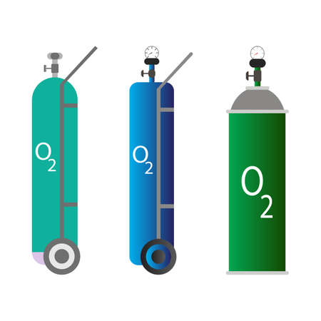 Oxygen cylinder collection for medical websites vector design. Oxygen Gas tank with mask collection design. O2 Medical equipment tank collection for pandemic purposes.のイラスト素材