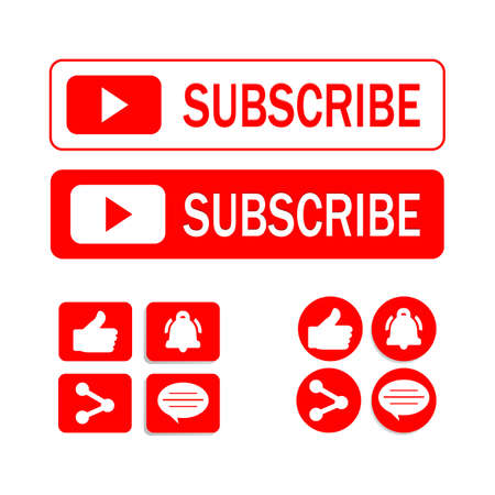 Subscriber all button collection vector design. Red and white color subscriber button collection. Social media subscribe button elements with like, share, and comment sections.のイラスト素材
