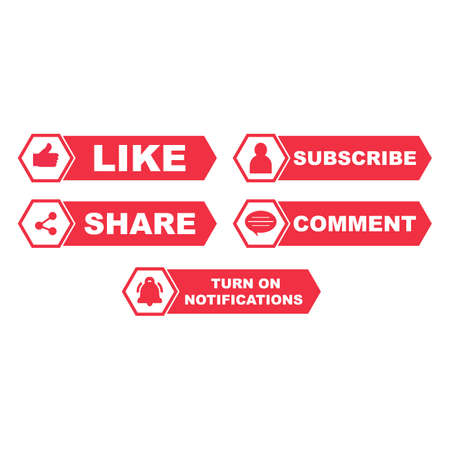 Metallic subscribe button collection with the like, share, and comment section. Red color button collection for social media posts. Red color design for social media.のイラスト素材