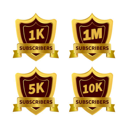 Subscriber golden badge collection with golden ribbon. Luxurious Badges for social media subscribers celebration. A golden color luxurious badge collection for subscriber celebration.のイラスト素材