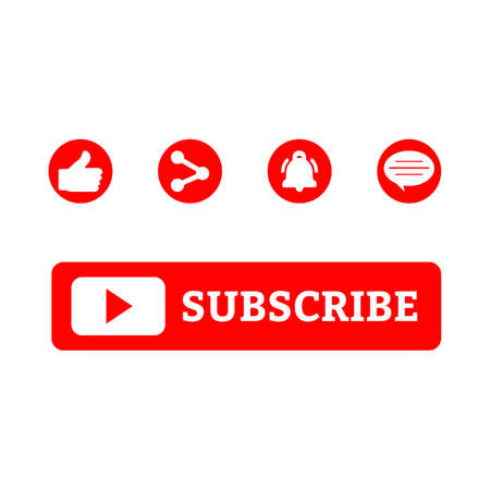 Subscriber red button collection vector illustration. Simple red and white color subscriber button collection. Social media button elements with like, share and comment sections.のイラスト素材