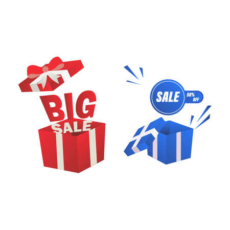 Big sale offer design collection with red and blue color shade. Big sale red and blue color design. 50 percent off  sale for business shop vector design with gift.のイラスト素材