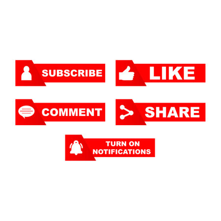 Subscribe button collection with multiple shapes design. Red color button collection with like, comment, and share icon. Metallic red color social media vector button collection.のイラスト素材