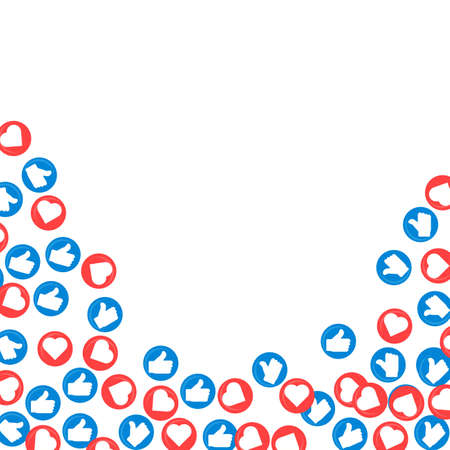 Social media like and love frame design. Like and love social media element frame with red and blue color shade. Frame with social media like and love button collection on a white background.のイラスト素材