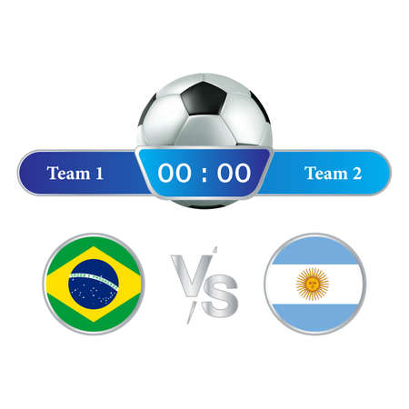 Football game scoreboard stylish collection. Soccer scoreboard with blue color shade and soccer ball. Sports scoreboard with national flag. Brazil VS Argentina matches lower third overlay.のイラスト素材