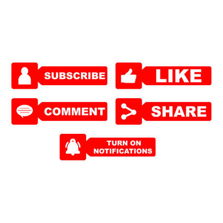 Subscribe button collection with multiple shapes. Red color button collection with like, comment and share icon. Red color technological social media button collection.のイラスト素材