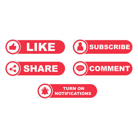 Subscribe button collection with the like, share, and comment section. Stylish metallic color button collection for social media posts. Metallic red color design for social media.のイラスト素材