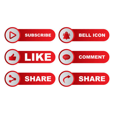 Button collection stylish with multiple shapes. Metallic red and white color button collection with like, comment, and share icon. Metallic red color social media button collection.のイラスト素材