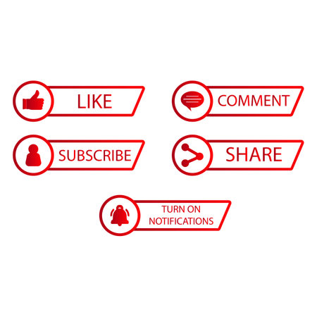 Subscriber button collection vector design. Red and white color subscriber button collection on a white background. Social media button elements with like, share, and comment sections.のイラスト素材