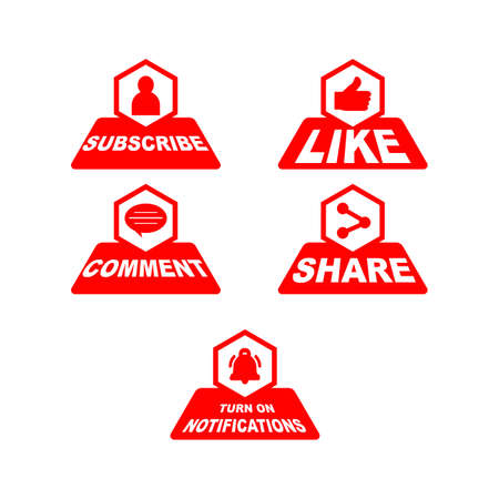 Subscribe button collection with multiple shapes. Red color button collection with like, comment, and share icon. Simple red color social media button collection.のイラスト素材