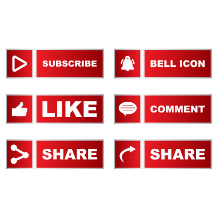 Button collection with multiple shapes. Red color button collection with like, subscribe, comment, and share icon. Metallic red color social media button collection.のイラスト素材
