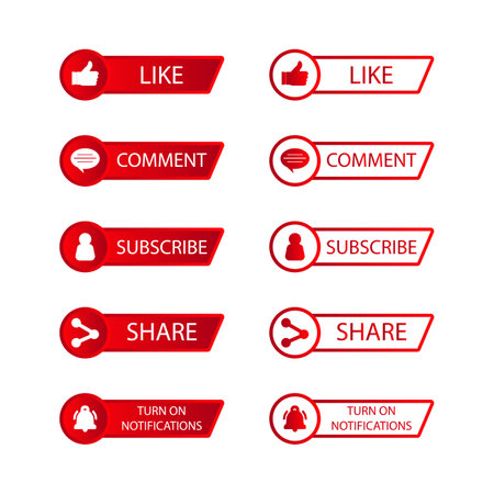 Subscriber button collection vector design. Red and white color subscriber button collection. Social media button elements with like, share, bell icon, and comment sections.のイラスト素材