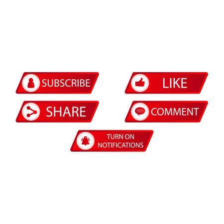 Subscribe button with metallic color design for social media. Button collection for social media with red color. Like, comment, subscribe, share and notification button vector illustration.のイラスト素材