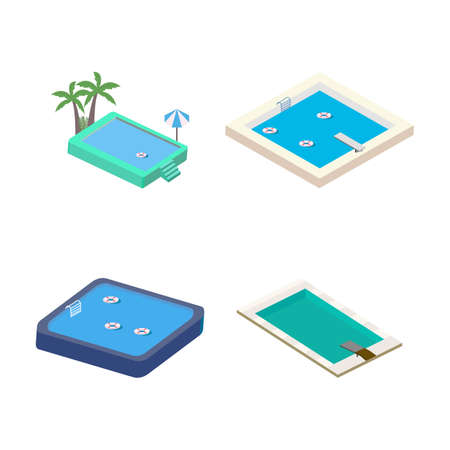 2.5D swimming pool landscape vector collection. Swimming pool collection vector with lifebuoy and coconut tree. Pool 3D art with a lifebuoy and sunbathe.のイラスト素材