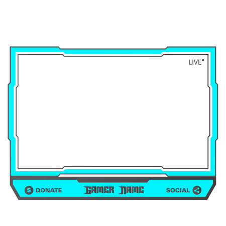 Live game streaming overlay with light blue color shade. Stylish live streaming overlay frame. Screen overlay for live streamers. Cyan color overlay frame with black shade donation buttons.のイラスト素材