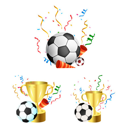 Trophy vector collection with a football for soccer match celebration. Stylish golden color trophy collection for winning team celebration.のイラスト素材