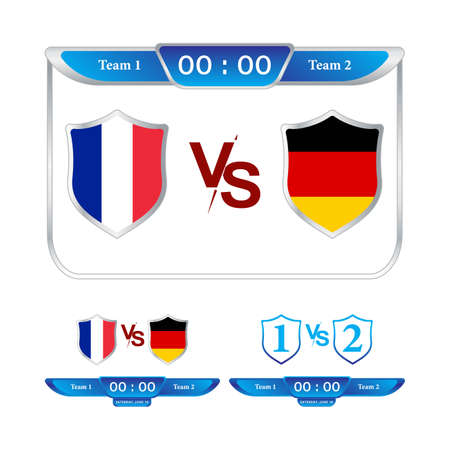 Sports match scoreboard with shield shapes and blue color lower thirds template for sports like soccer and football. France VS Germany vector illustration scoreboard broadcast lower thirds template.のイラスト素材