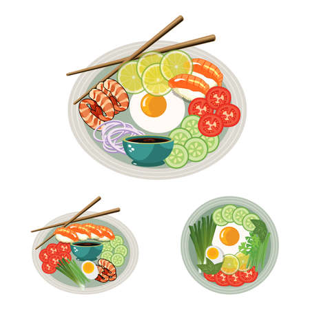 Asian traditional food collection with chopsticks. Salad vector design with lemon, tomato, cucumber and onion. Sushi with soy sauce and shrimp.の写真素材