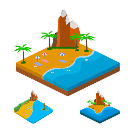 2.5D Sandy beach landscape vector design collection. Sandy beach collection vector with lifebuoy and mountain. Seashore 3D art with a lifebuoy and sunbathe.のイラスト素材