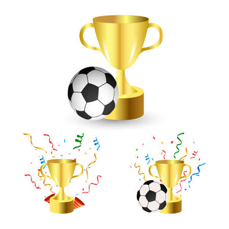 Trophy vector collection with a football for soccer match celebration. Golden color trophy collection for winning team celebration.のイラスト素材