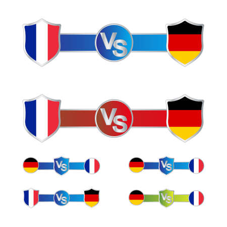 Football match scoreboard. Shield shapes and blue color lower thirds for sports like soccer or football. France VS Germany vector illustration scoreboard broadcast lower thirds.のイラスト素材